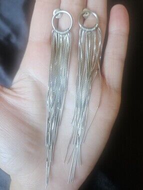 Versani NYC Sterling Silver 925 Long Chain Fringe Statement Earrings